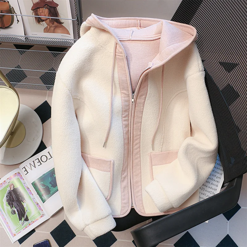 Women Hooded Fleece Coat Patchwork Long Sleeve Zipper Casual Baseball Jackets Female Spring Autumn Versatile Outfit Overcoats