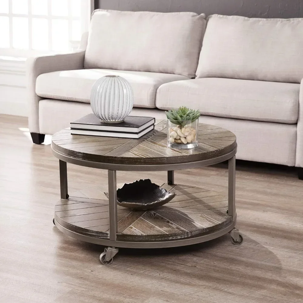 

MOSHOU Industrial Round Coffee Table, White-limed Burnt Oak/Distressed Gray Center Table