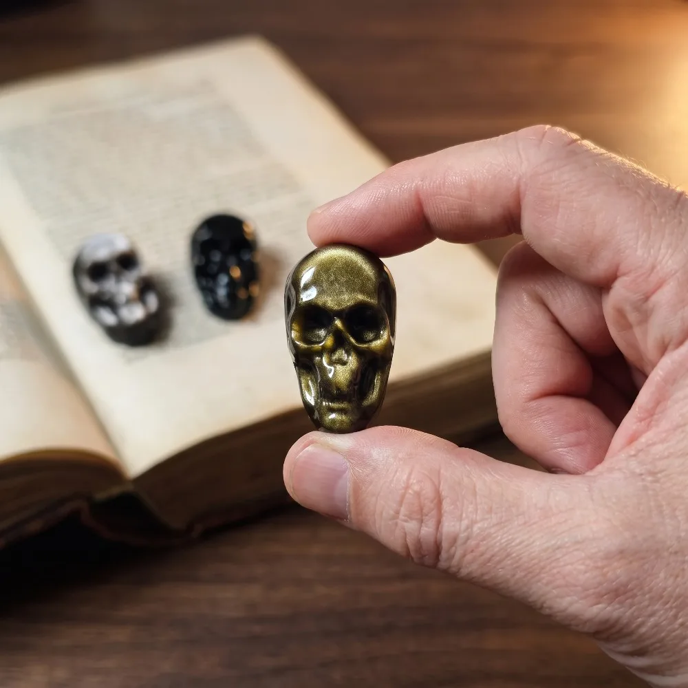 Bohemian Style Obsidian Skull Plane Carving - Sparkling Pocket Stone, Mineral Speciman, Home Decor, Valentine's, Easter,