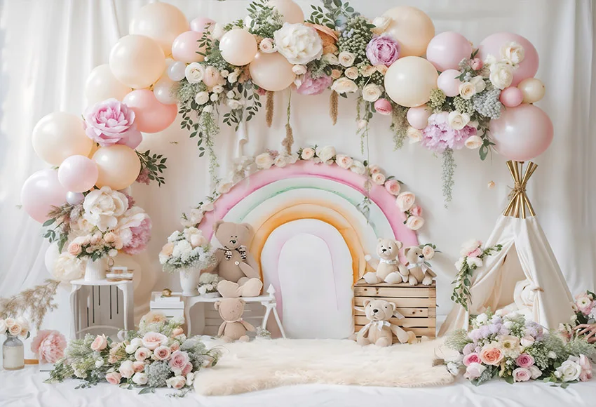 Mehofond Photography Background Boho Rainbow Balloon Bear Kids Birthday Party Cake Smash Portrait Decor Backdrop Photo Studio