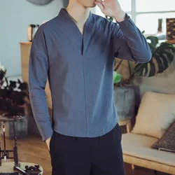 Cotton Linen Hot Sale Men's Long-Sleeved Shirts Summer Solid Color Stand-Up Collar Casual Beach Style Plus Size