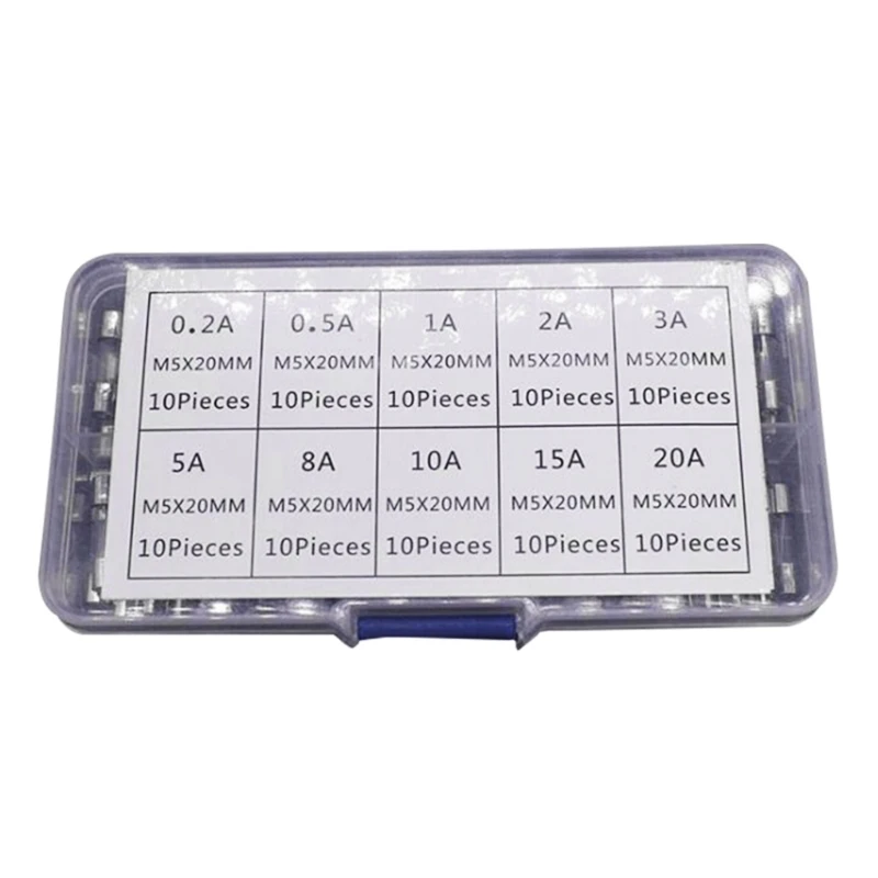 Pack of 100 Glass Fuses Set 5x20mm Fast Glass Fuses Fine Fuses Glass Fuses 0.2A-20A for Electrical Equipment