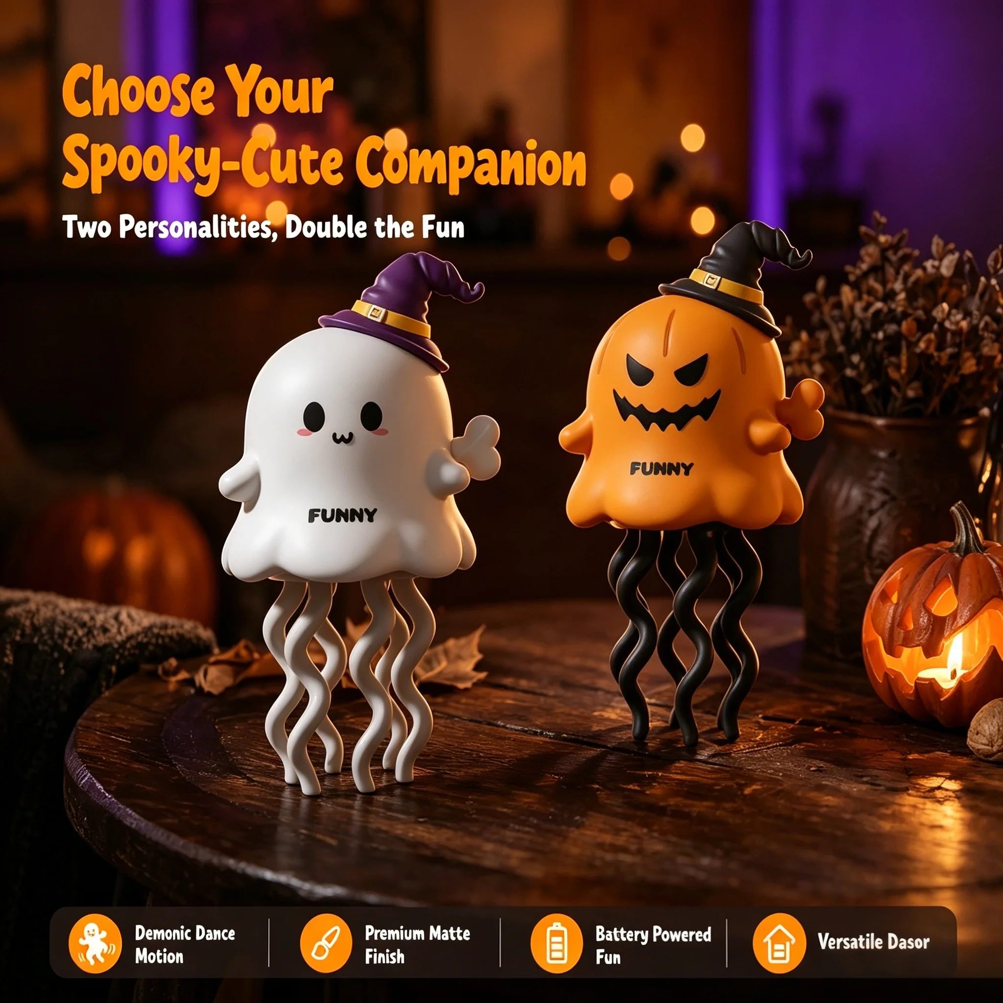 Halloween Spooky-Cute Ghost & Pumpkin Squishy Toys - Battery-Powered Dancing Figurines, Matte Finish, Dual Personalities