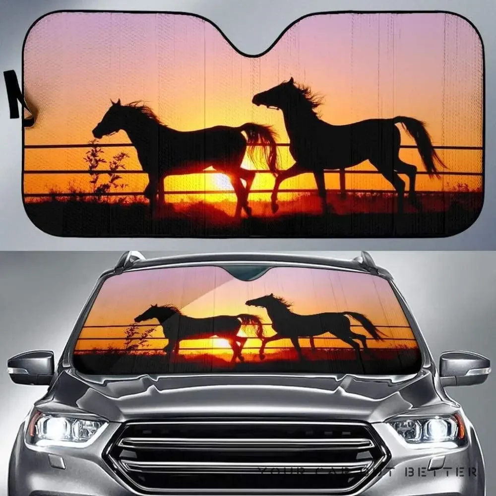 Funny Two Horses Running Silhouettes at Sunset Image Print Car Sunshade, Horses Couple Running at Sunset Image Auto Sun Shade, W