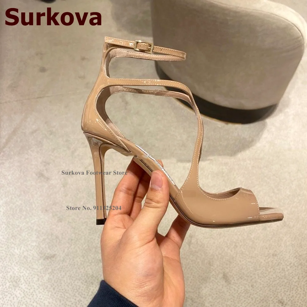 Surkova Pink Satin Cross Strap High Heel Sandals Square Open Toe Buckle Strap Evening Shoes Women Dress Pumps