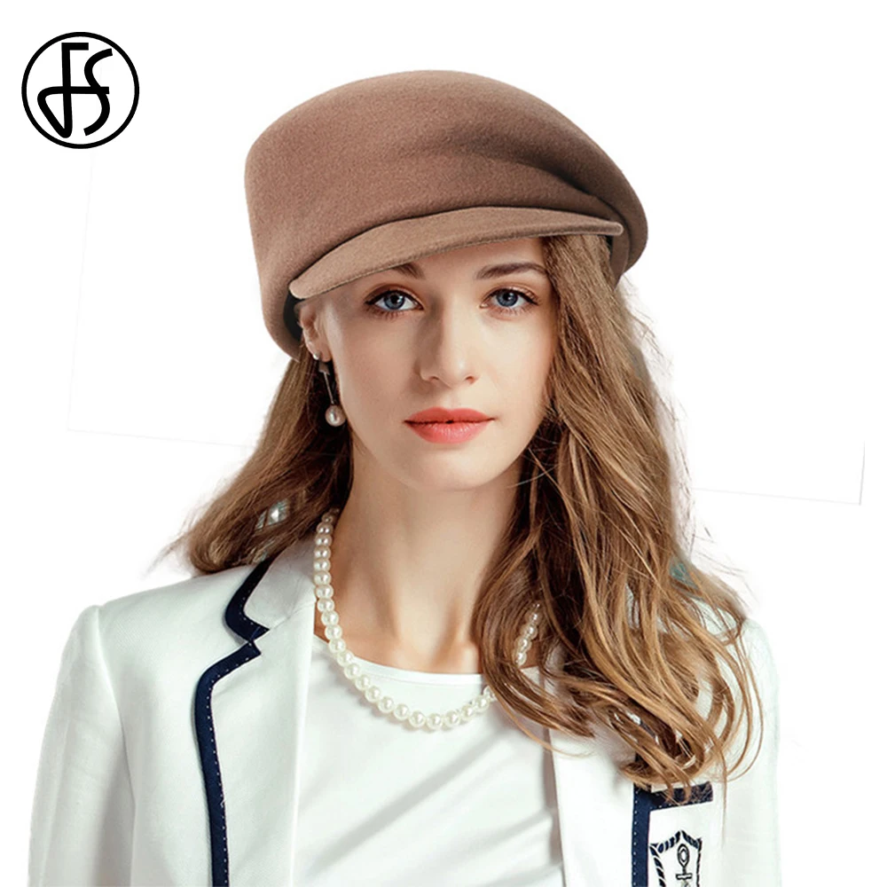 FS Peaked Cap Female White Wool Fedoras Winter Hats For Women Outdoor Millinery Fashion Riding Travel Camel Baseball Caps Ladies