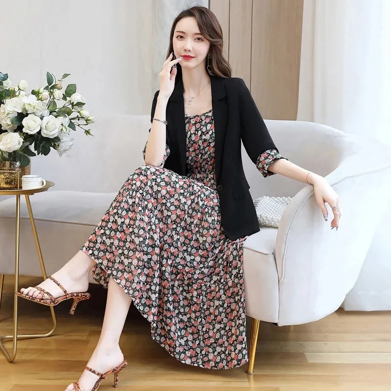 Büro Dame drucken Midi Kleider 2 Stück Set Mode Blazer Mäntel Chiffon Tank Vestidos elegante Conjuntos lässig koreanischen Anzug neu