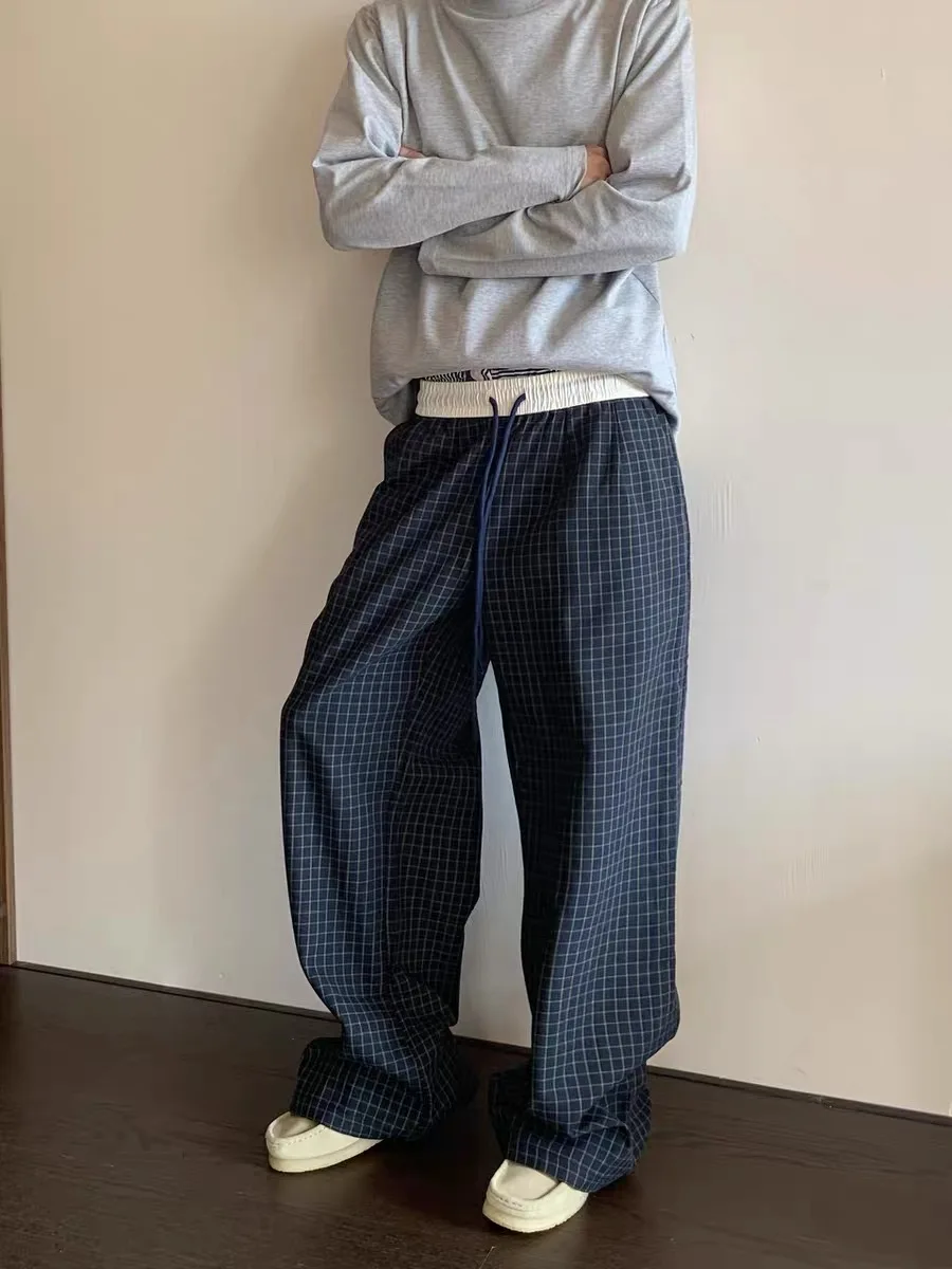 

Синие прямые повседневные брюки в клетку с завязками на талии, мужские свободные широкие длинные брюки в американском стиле ретро, осенняя мода