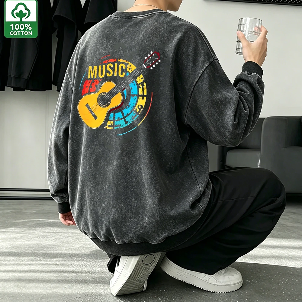 Vintage Distressed Washed Black Crewneck Sweatshirt Unisex Vintage Acoustic Guitar Back Print Casual Streetwear Sweatshirts Top
