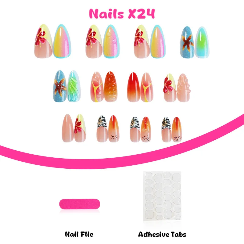 24pcs 3D Starfish French False Y2k Nails Press On Acyrlic Nails Crystal Stripe Decor Long Almond Gradient unghie finte rimovibili