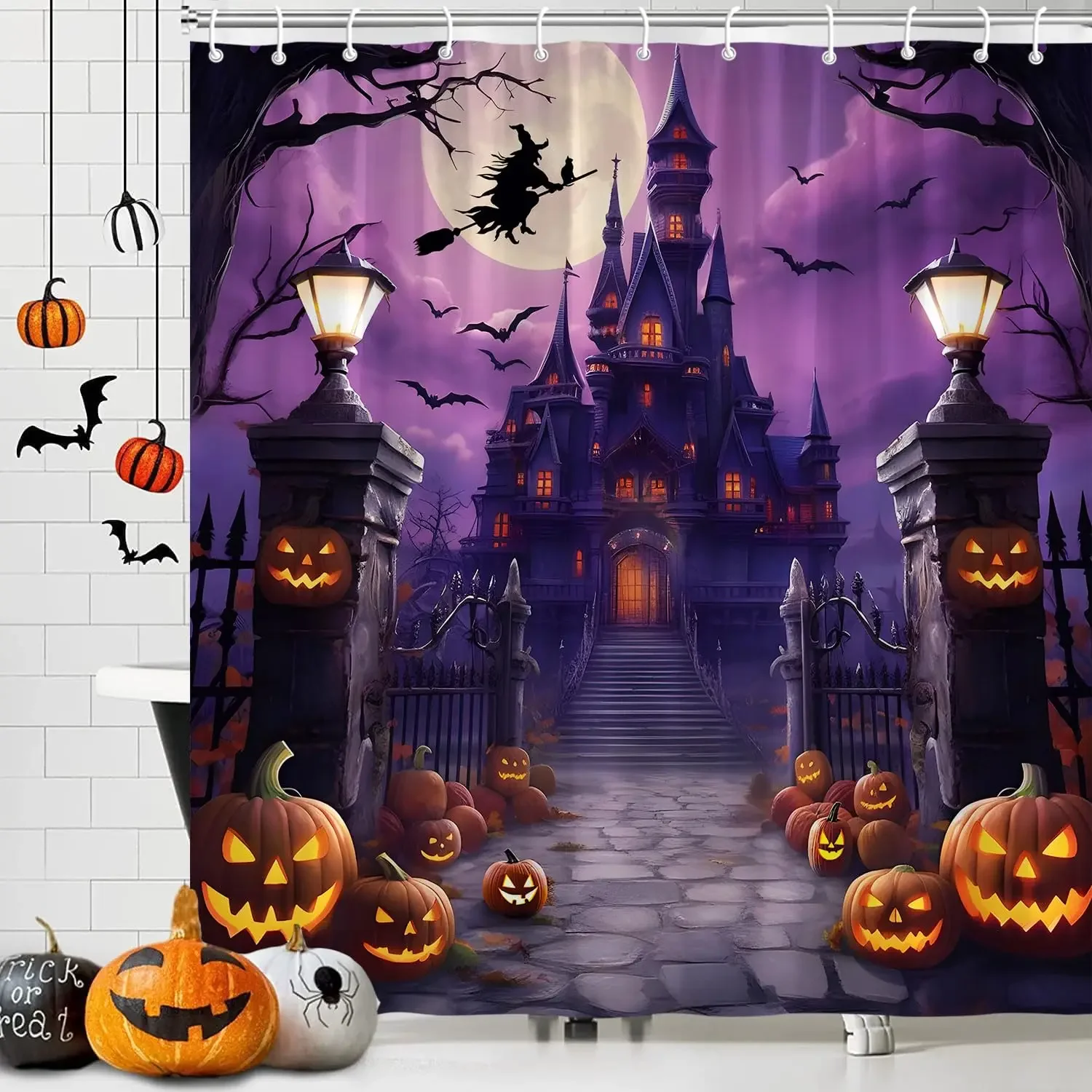 Halloween Ghost Shower Curtains Ghost Castle Scary Night Full Moon Shower Curtain Bathroom Holiday Decor Haunted House Pumpkin