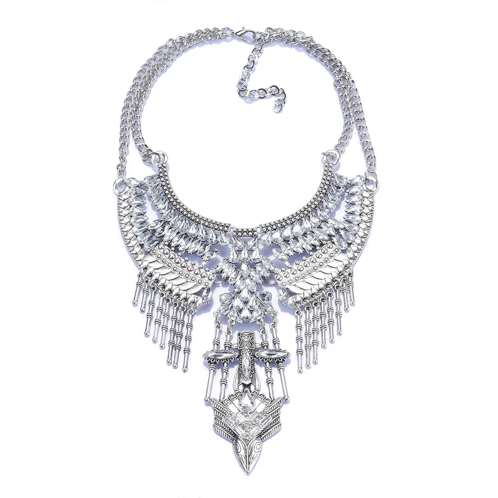 Indian Vintage Silver Plated Metal Alloy Large Collar Choker Necklace Women Ethnic Statement Crystal Big bib Necklace Jewelry