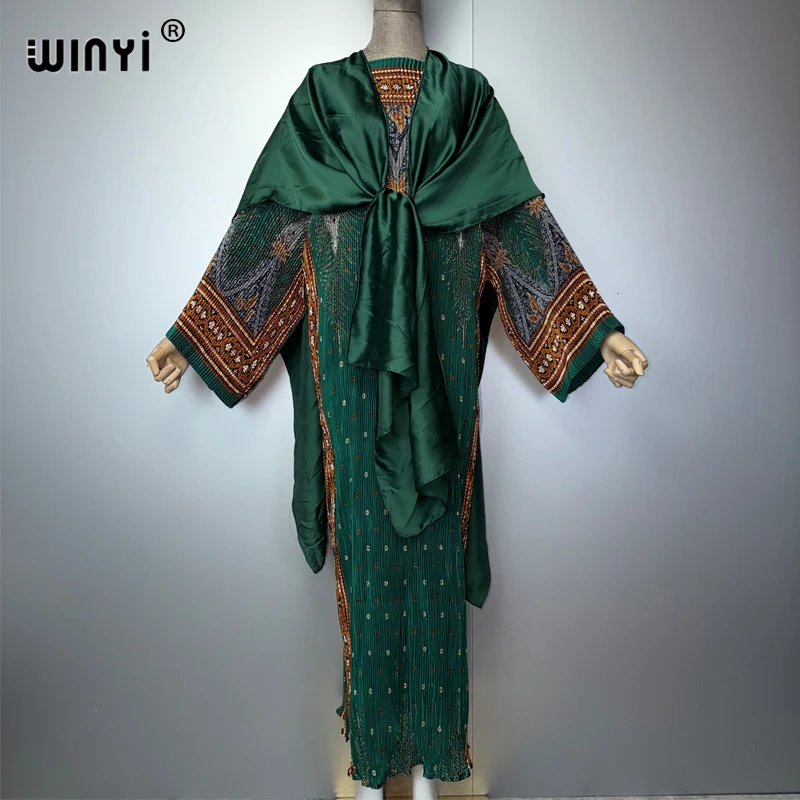 

WINYI Middle East Pleated slim dress and coat two-piece suit for women abaya dubai luxury Floor Length vacation evening dresses