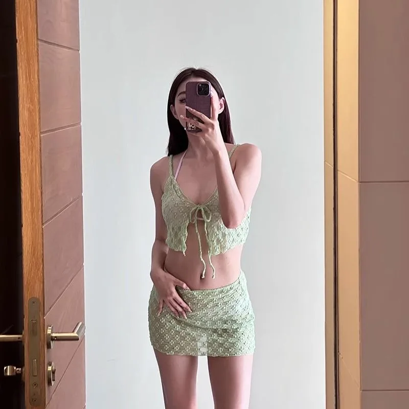 

Women's Green Floral Textured Mesh Halter Neck Two Piece Swimsuit Set with Tie Front Crop Top and Mini Skirt