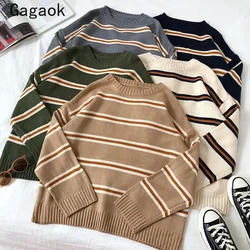 Gagaok Striped Sweater Women Spring Autumn New Vintage O-Neck Full Knitted Sweaters Loose Casual Outwear Wild Pullovers