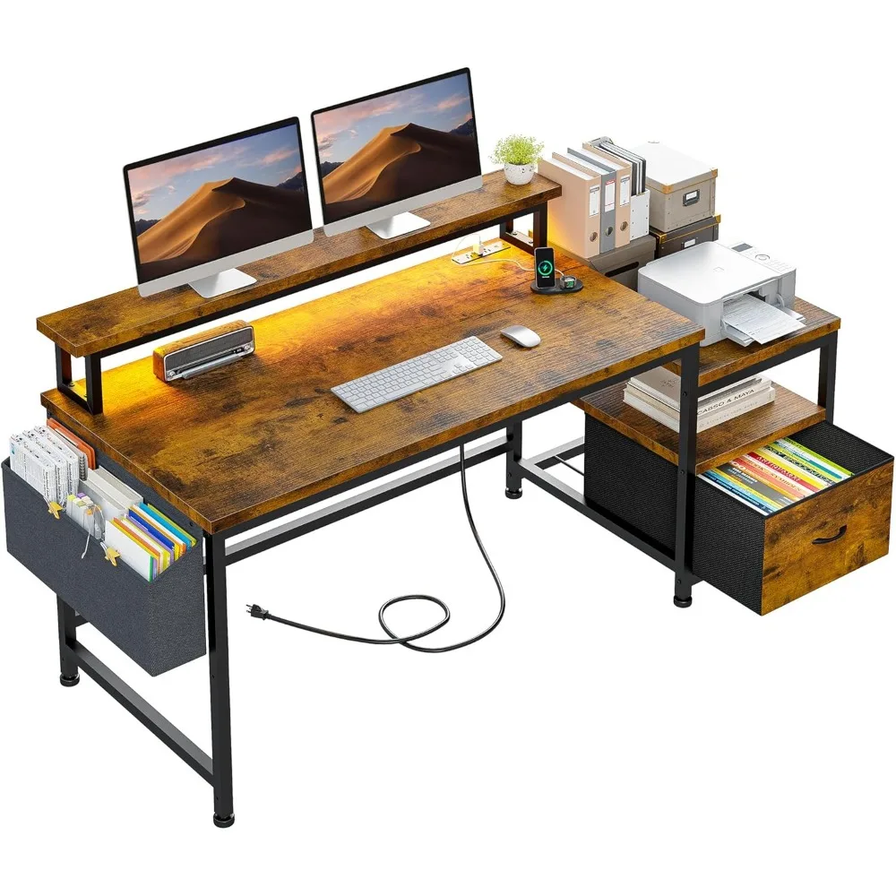 57" Computer Desk with File Drawers Cabinet,Office Desk with Shelves Monitor Stand,Study Writing Gaming Desk with Power Outlets