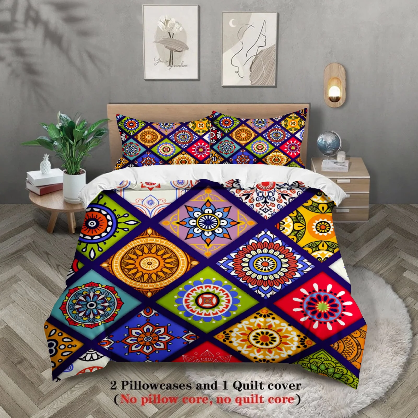 Juego de 3 Fundas de Edredón con Estampado de Azulejos Marroquíes Coloridos – Regalo para Niños, 100% Poliéster, Suave y Transpirable para Decoración de Dormitorios