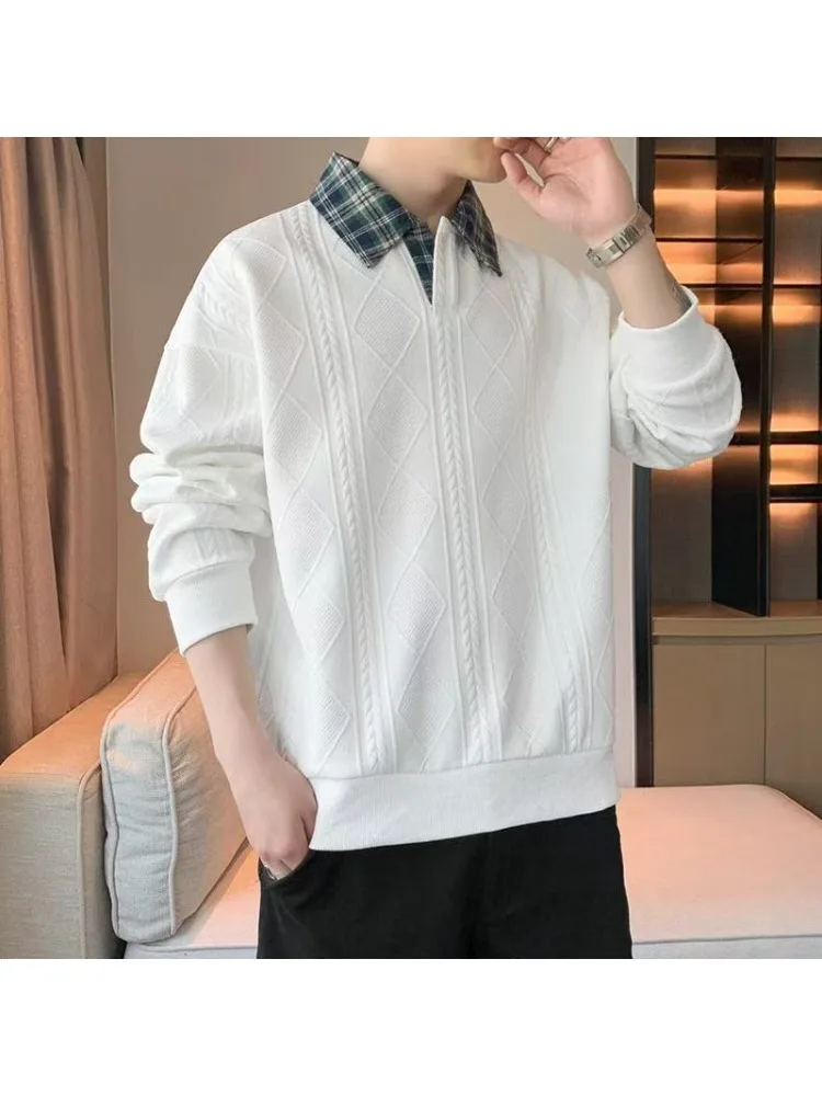 Printemps hommes haute rue sweat T-shirt Patchwork chemise à carreaux col rayure rétro Baggy pulls surdimensionné noir blanc T-shirt