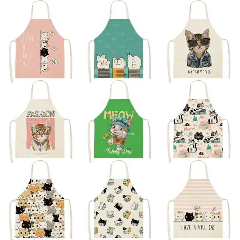 Home Kitchen Cooking Apron Cartoon Cat Printed Sleeveless Cotton Linen Colorful Aprons for Men Women Baking Accessories Delantal