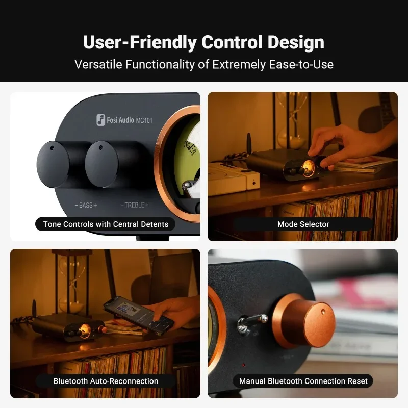 Fosi Audio MC101 Mini Amp Stereo مضخم الصوت المنزلي بلوتوث 5.3 مع VU متر 2 قناة HiFi استقبال للسلبي