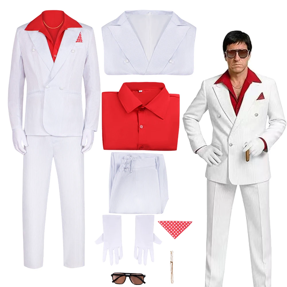 

1983 Movie Scarface Cosplay Al Pacino Top Pants Clothes Party Disguise Roleplay Men Halloween Costume Carnival Outfit Suits