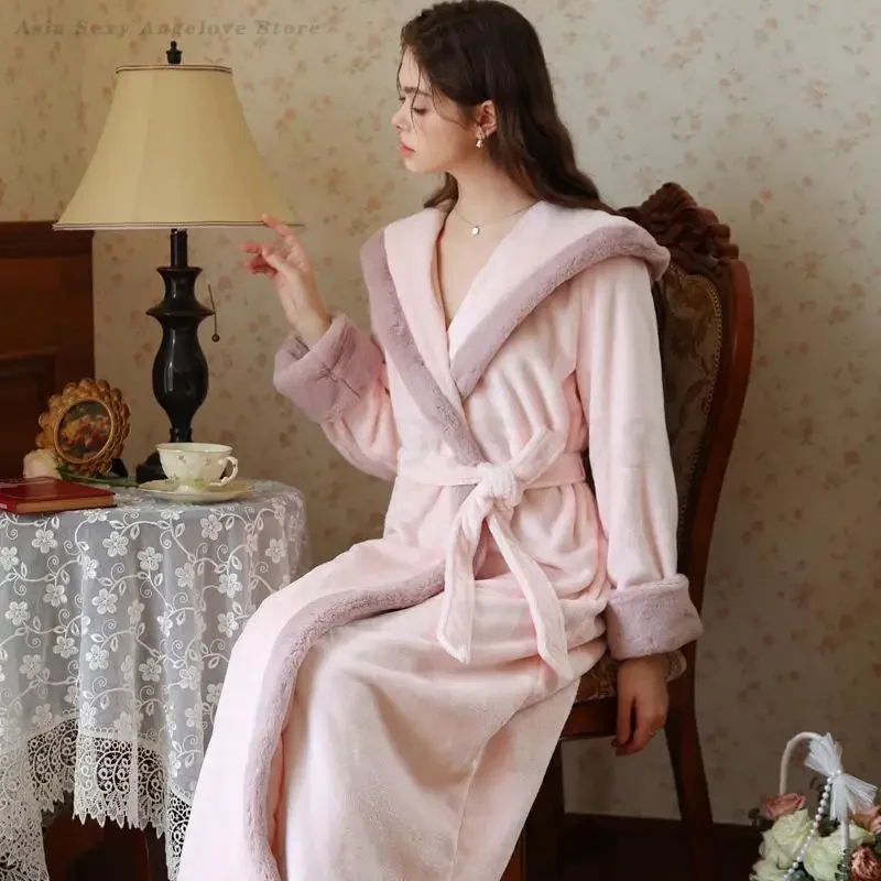 

Осень-зима коралловый флис с капюшоном длинный халат толстая теплая одежда для сна домашняя одежда женское элегантное фланелевое кимоно халат ночная рубашка