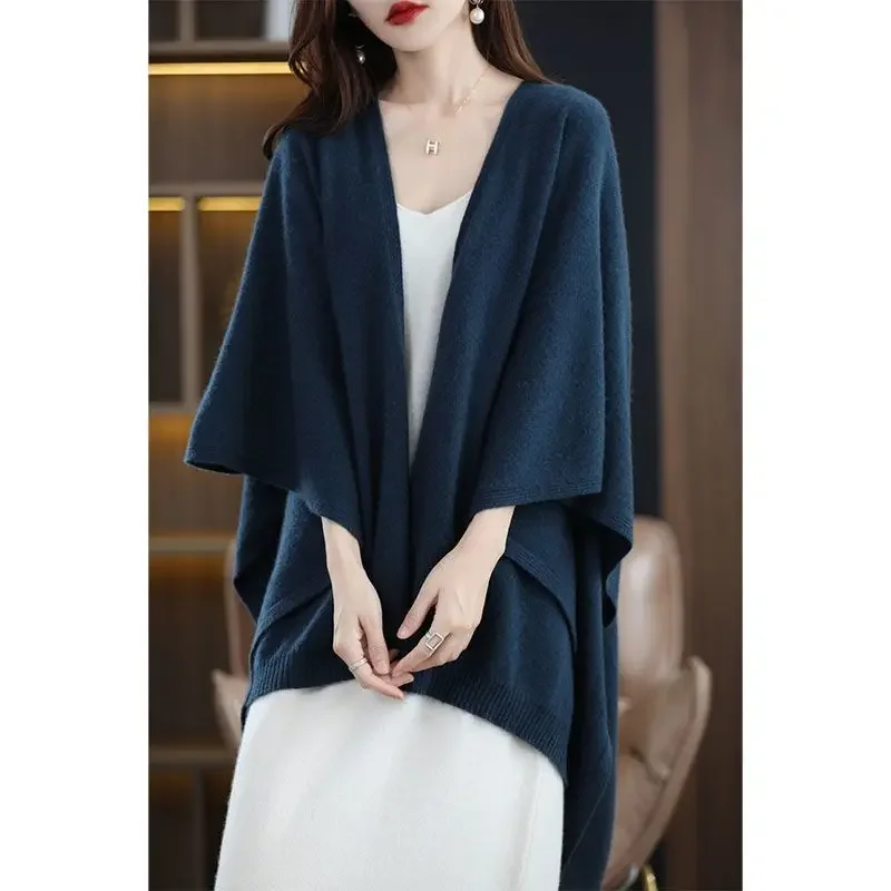 Luxury Women\'s Wool Cape Poncho with Oversized Open Front and V-neck Loose Knit Solid Color Shawl Scarf Outerwear Sweater Q417