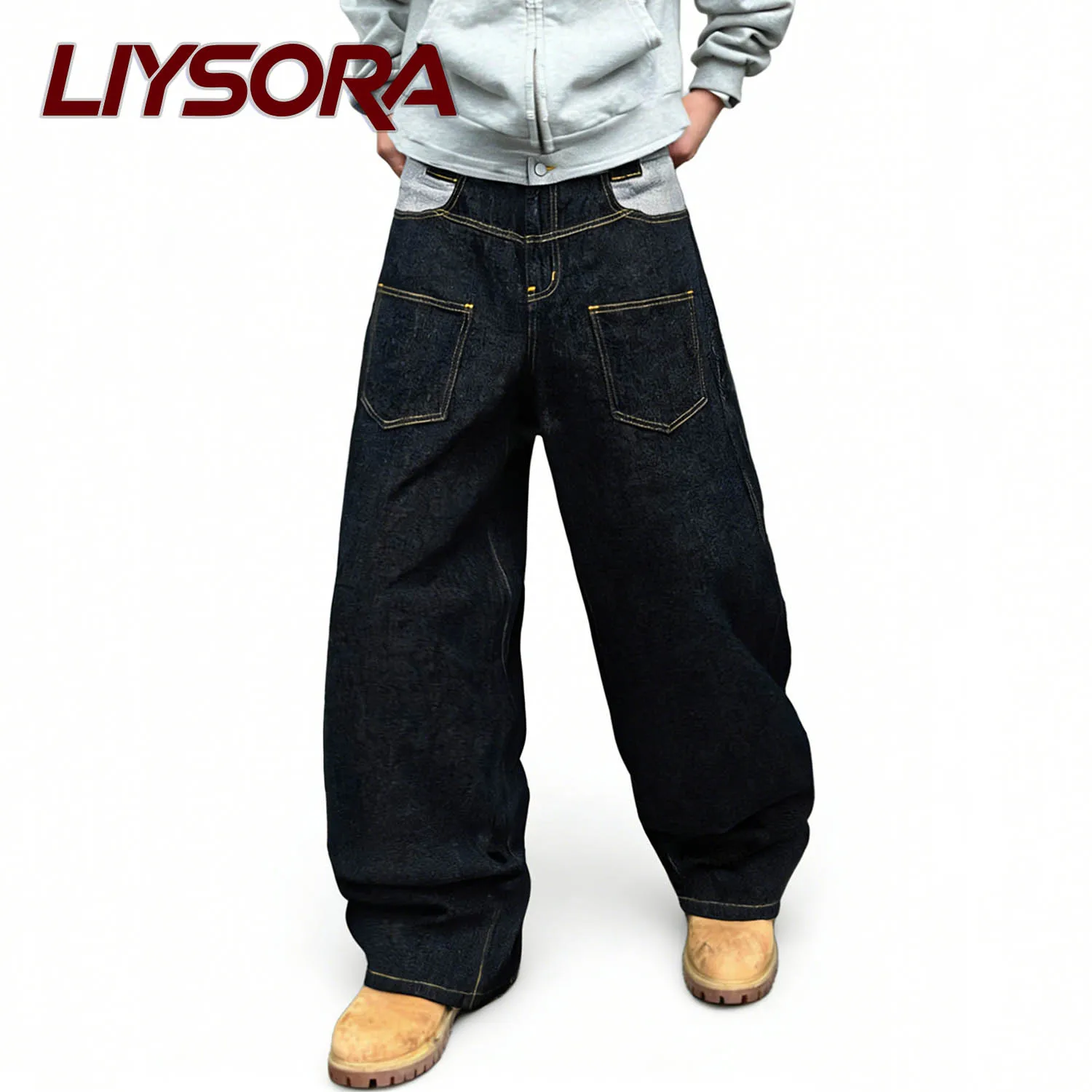 

New Men's Black High Street Baggy Wide Leg Jeans Multiple Pockets Double Waist Splicing Reverse Design Unisex Work Denim Pants