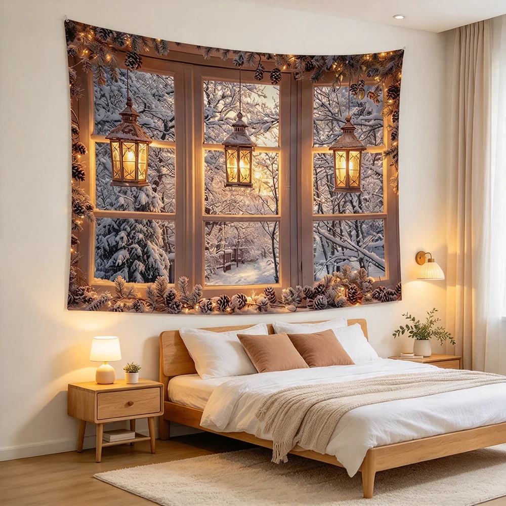 1PCS Tapestry, White Window Lanterns Snowy View Garland Pinecones Scene, Holiday Party Decoration for Home Studio Wall