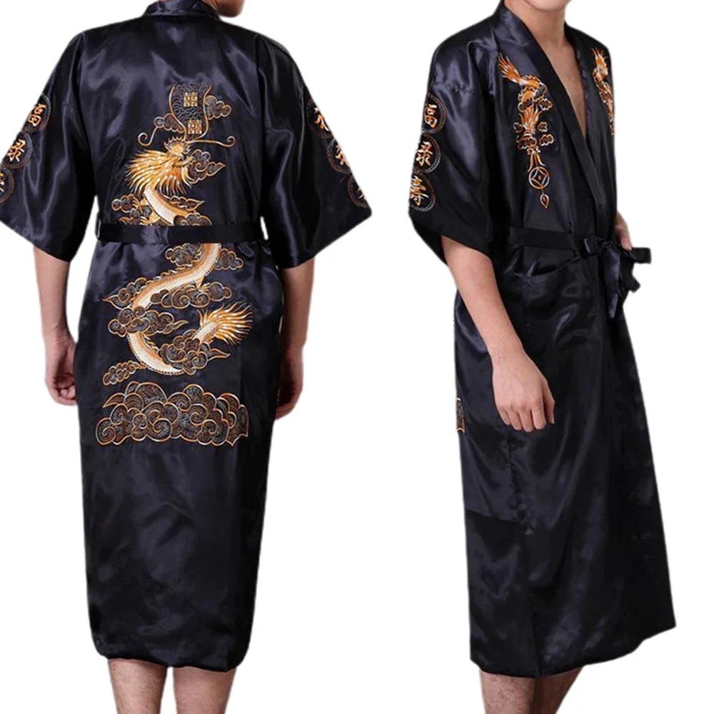 Chinese Style Men\'s Satin Bath Robe, Dragon Design, Silk Pajamas Sleepwear, M 2XL, Navy Blue/Red/White/Black/Blue