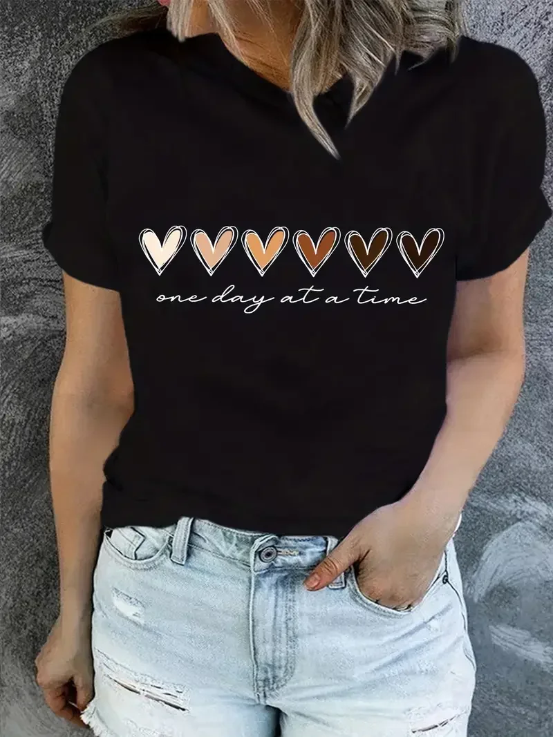 Y2k Short Sleeves Summer T-shirt One Day At A Time Print Tee Love Retro Fun Colorful T-shirt Fashion Summer Women's Casual New