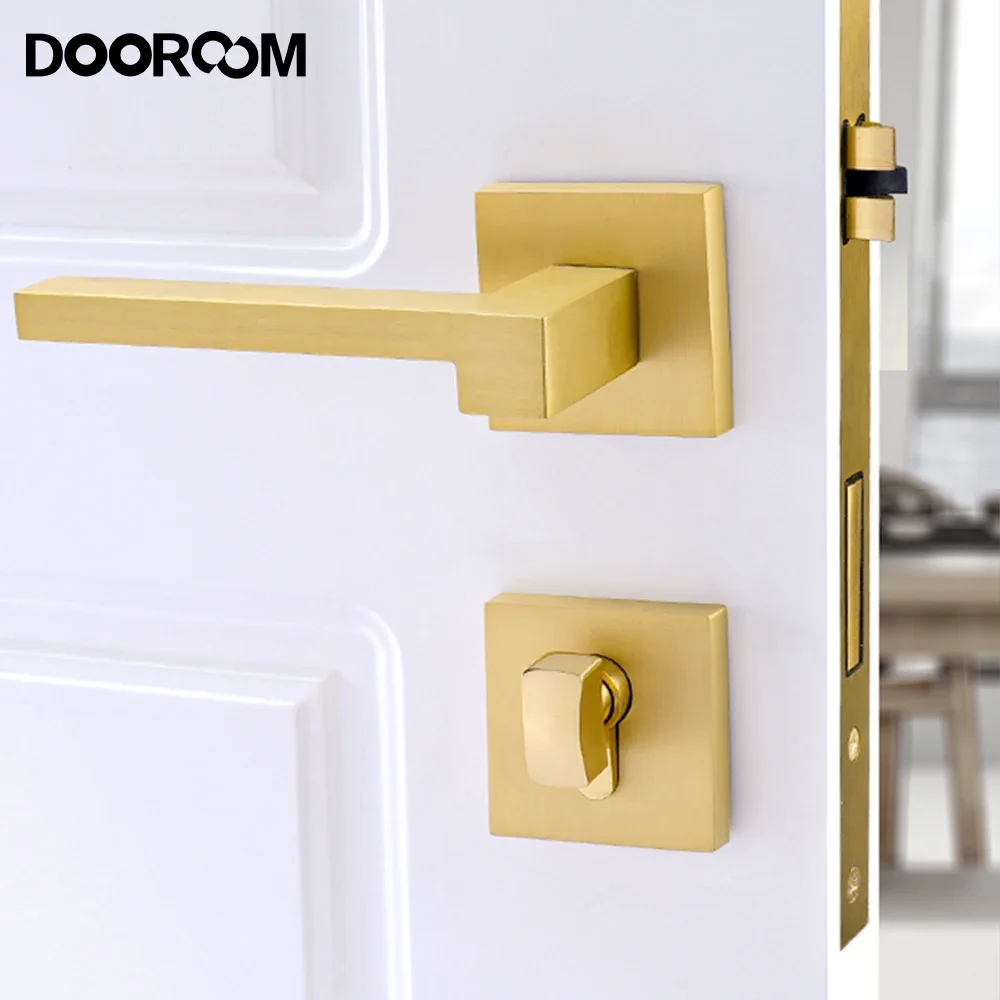 DOOROOM Solid Brass Modern Handle Set Door Lock Household Indoor Kits Parts Room Split Lock Square Ultra-quiet Brushed Hardware