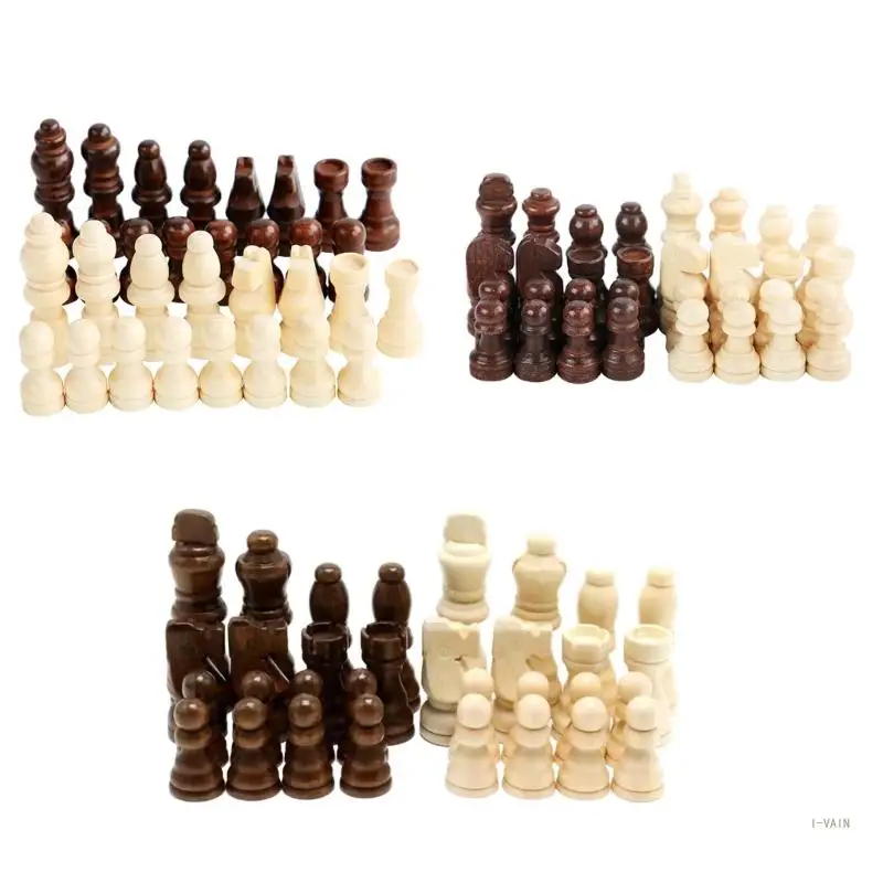 M5TC 32 Pcs Wooden International Chess Pieces Hand Carved Chess Game Pawns Figurine Pieces Chess Board Accessories Durable