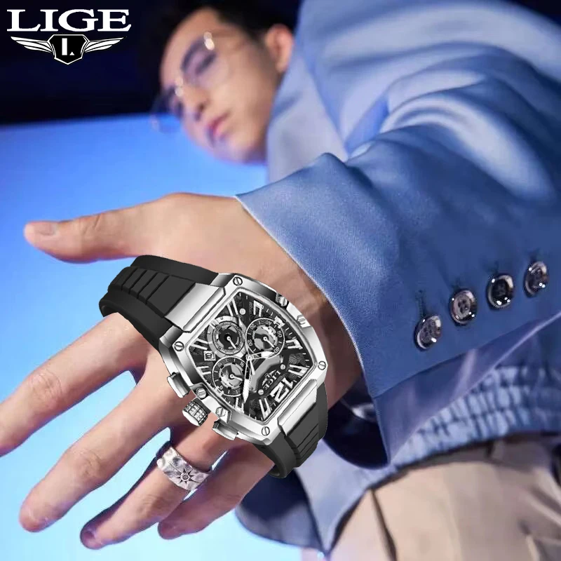 ساعة LIGE Fashion Simple Man كاجوال رياضية عسكرية مقاومة للماء بحزام سيليكون مضيئة ساعات كوارتز للرجال هدايا كرونوغراف