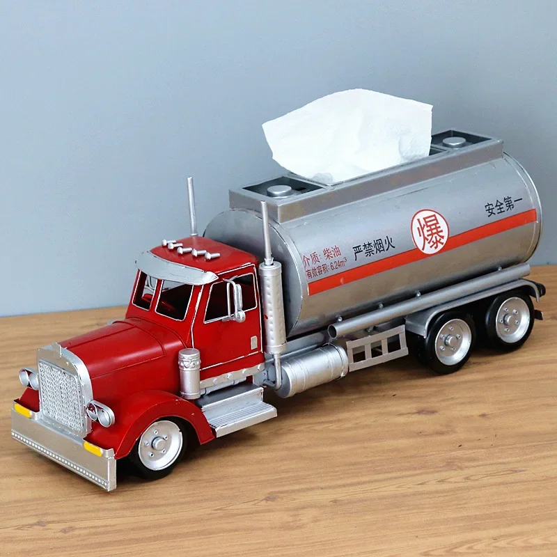 Retro wrought iron oil tanker pumping carton tissue box truck model creative handicraft ornament home soft decoration