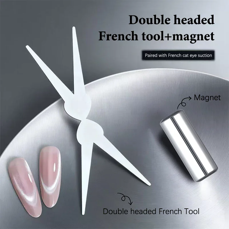 Unhas grandes em forma de y de duas cabeças, formato francês, forte ímã de olho de gato, folha de ferro, esmalte em gel para arte em unhas, efeito magnético, manicure