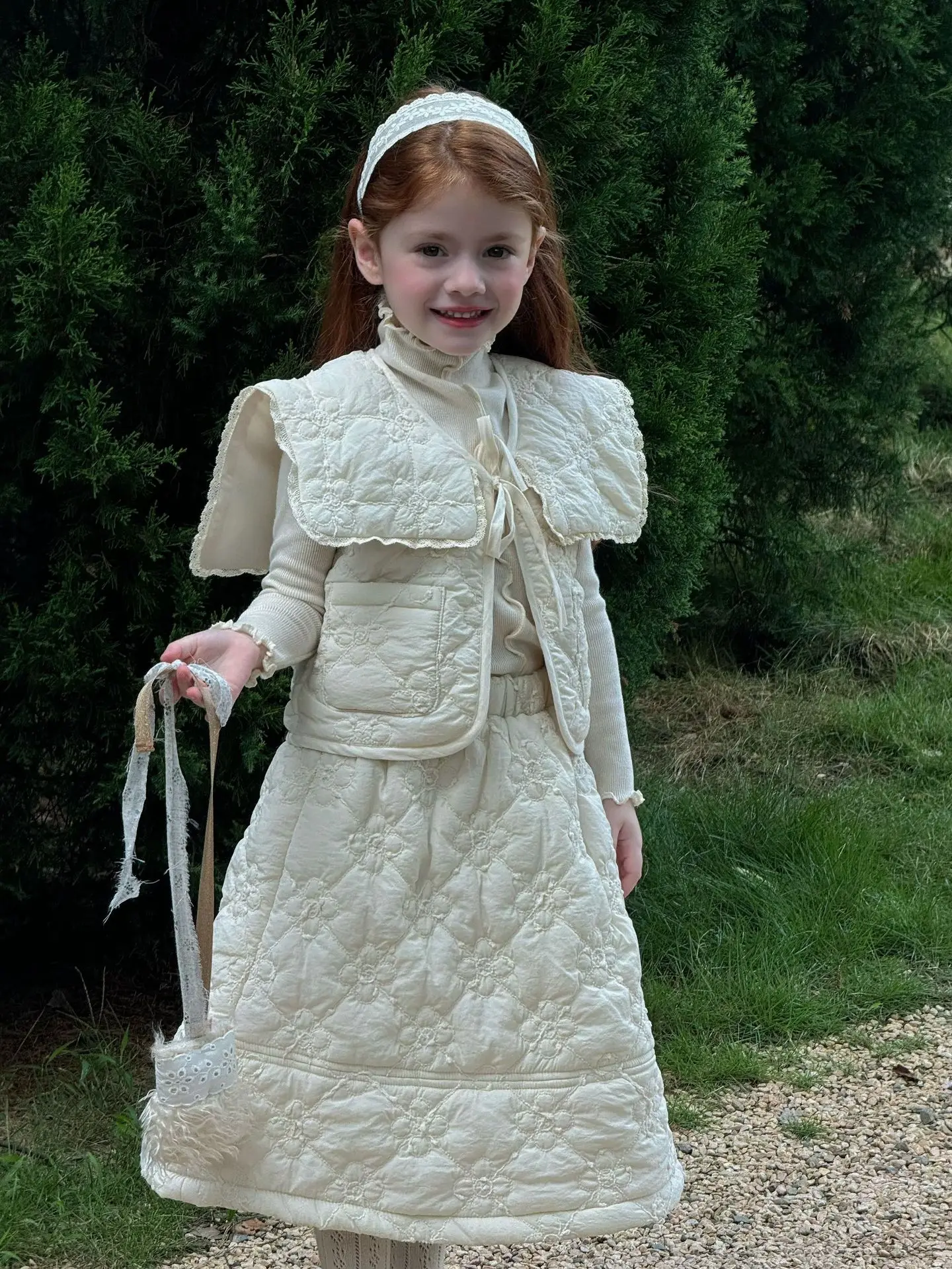Girls Set Autumn and Winter New Childrens Clothing Girls Big Collar Embroidered Skirt Set Childrens Cotton Vest Skirt
