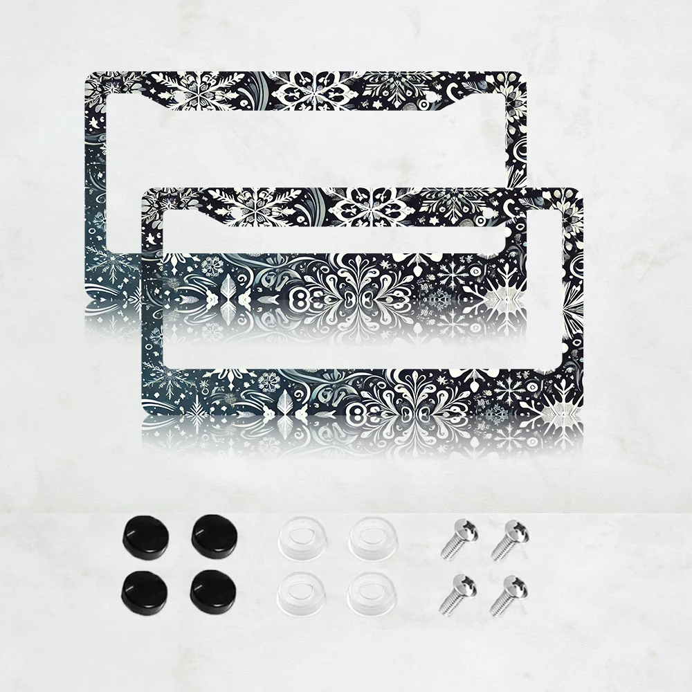 

2PC Cute Snowflake Black White Snow Winter Aluminum License Plate Frame - US Standard Size, Decorative Car License Plate