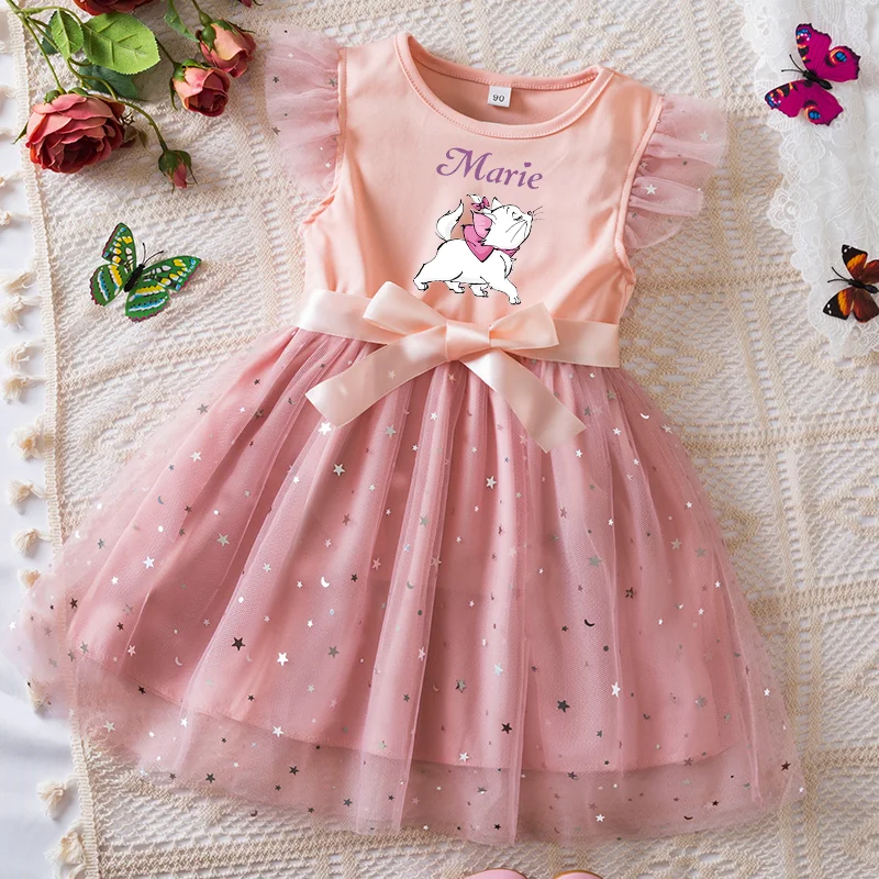 

Marie Cat Girls Sequin Tutu Dress with Bow Flutter Sleeves Summer Princess Party Outfit for Toddler Kids 2-6 Years