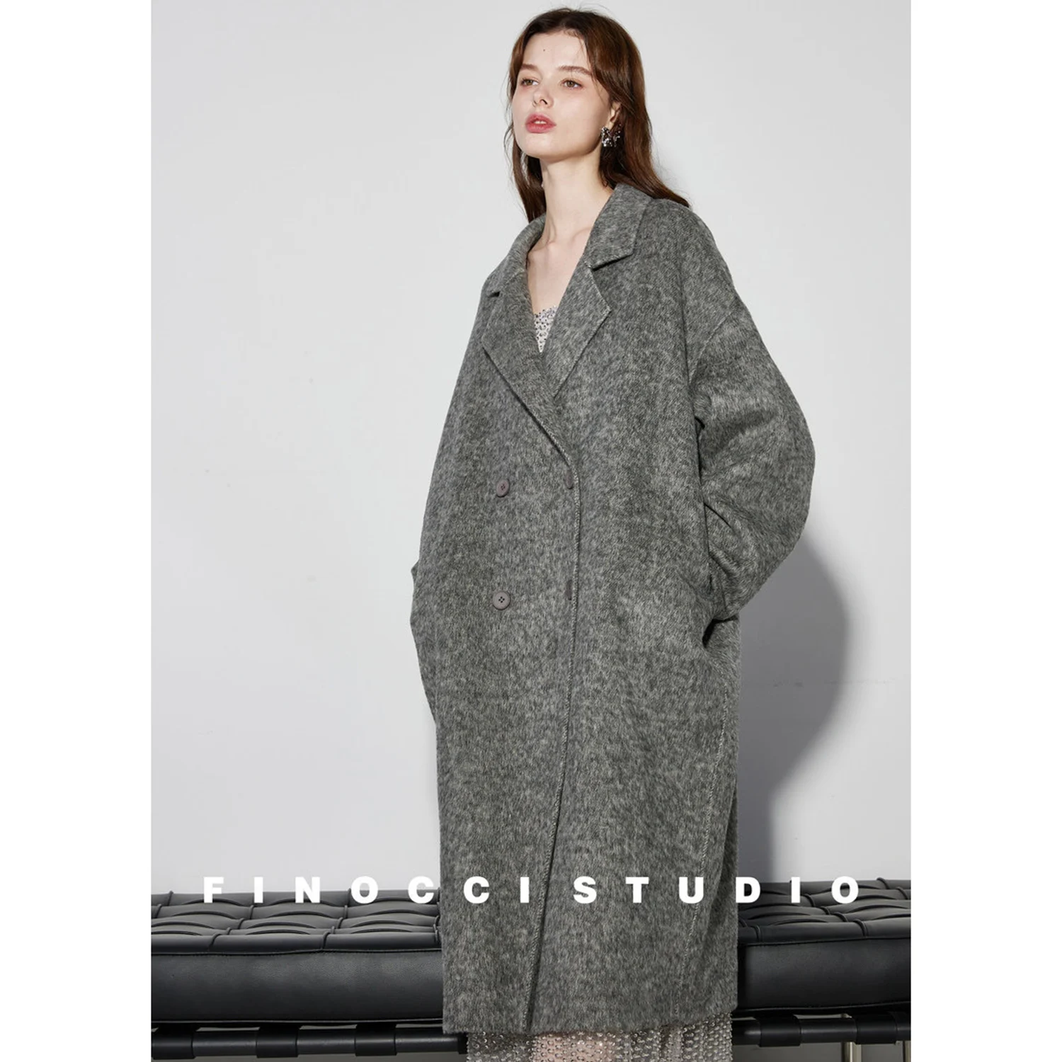 Allingentle Grey Women's Long Blazer Woolen Fashion Jacket Warm Coat for Cocktail Party Daily Outfits Customize