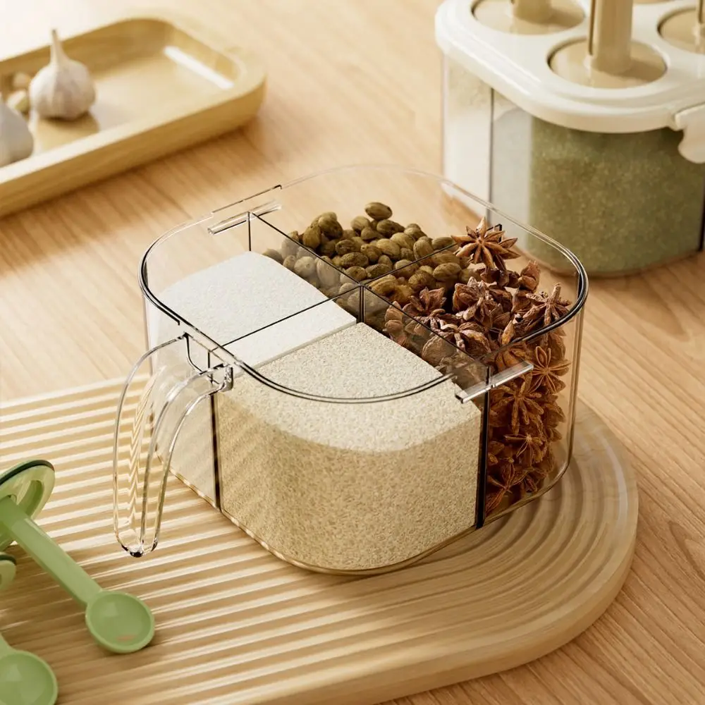 

4 Compartment 4-in-1 Spice Dispenser With Spoon Dustproof Clear Condiment Canister Comfortable Handle Moisture-proof