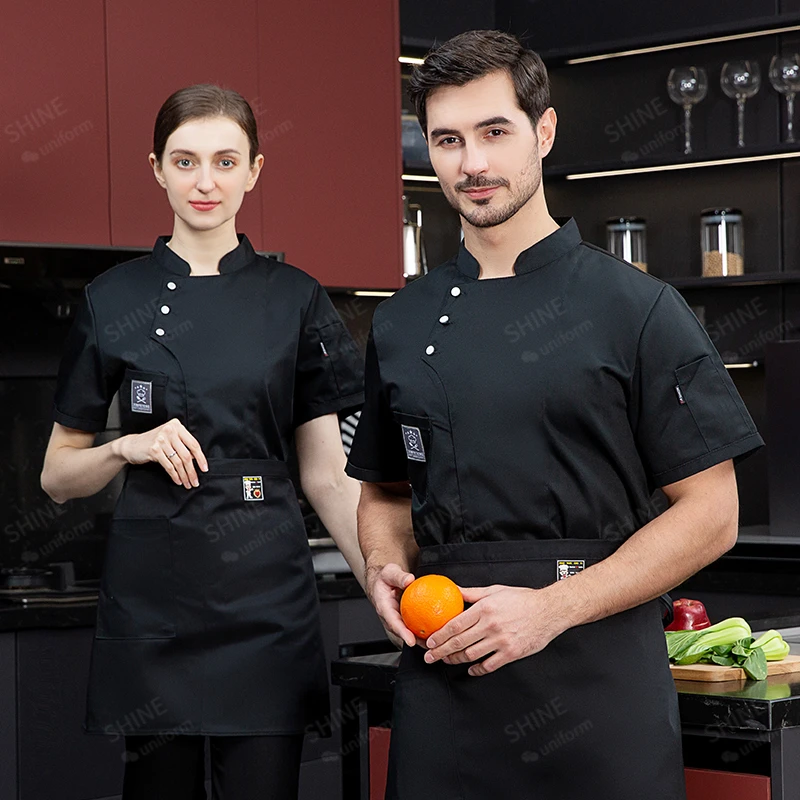 Unisex Küchenchef Mantel kurze Restaurant Uniform Shirt Service Bäckerei atmungsaktive Zweireiher Koch Kleid Koch Jacken Schürze