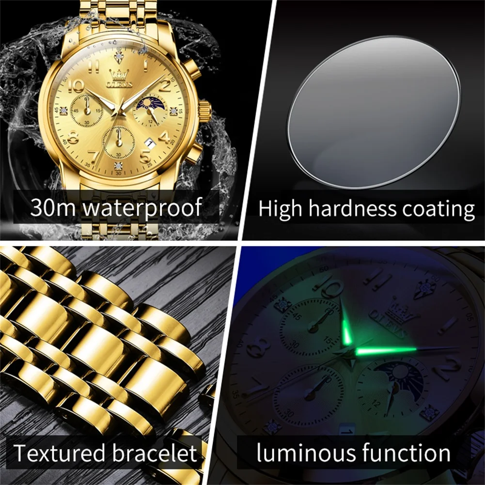 OLEVS 3628 Orologio da uomo con fasi lunari Orologio al quarzo di marca di lusso Orologio sportivo da uomo con cronografo digitale arabo moda classica