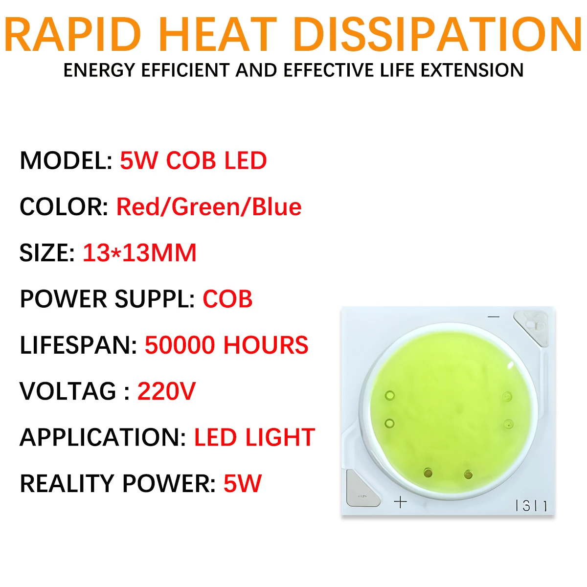 5 قطعة COB 220 فولت 5 واط LED رقاقة أحمر أخضر أزرق ضوء 1311 لمبة المسار ضوء الخرز النازل