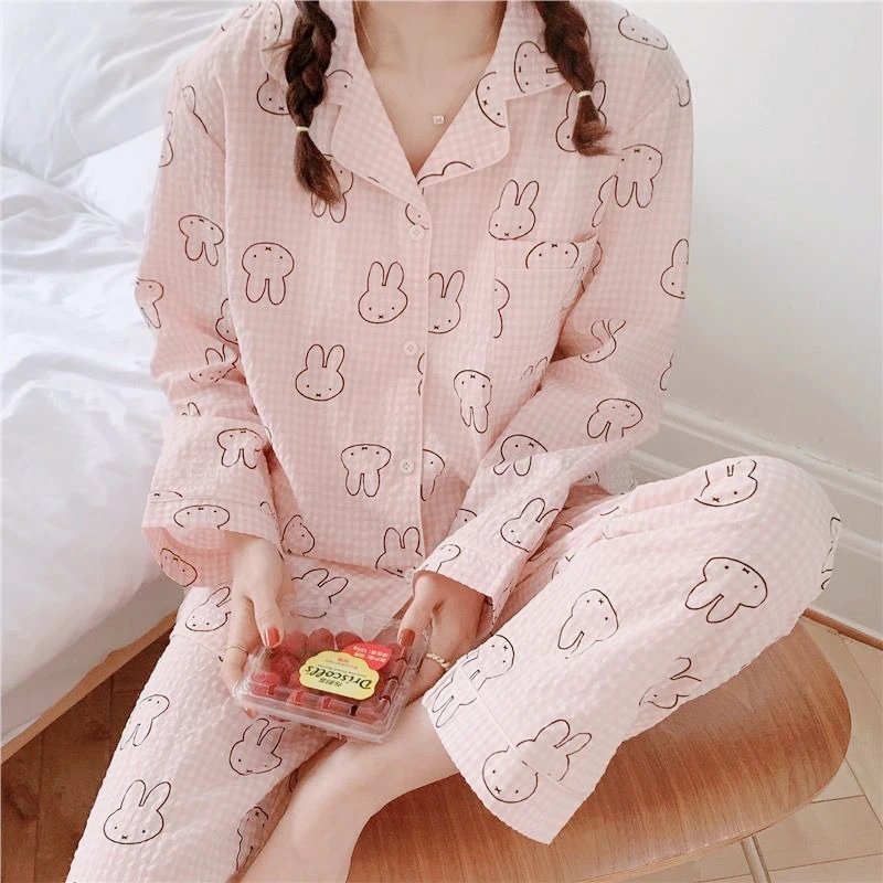 Conjunto de pijamas vintage miffy bunny doce xadrez leve e minimalista para mulheres retrô desenho animado algodão loungewear