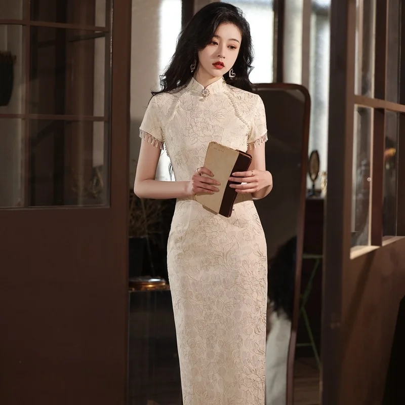 

Sheng Coco White Lace Young Style Chinese Qipao Dresses Tassel Sleeve Cheongsam Improved Modern Style Lace Chinese Qipao