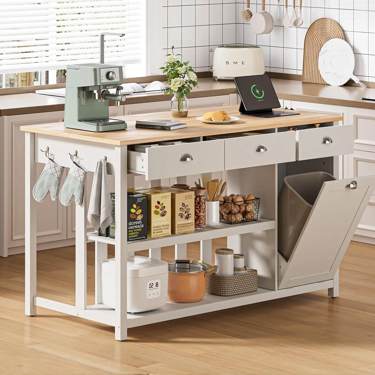 59" Kitchen Island with Storage, Solid Rubberwood Tabletop | Island Table with Power Outlet, 2-Tier Open Shelves, 3, Customized