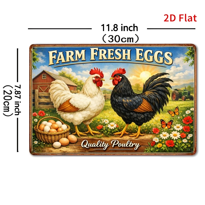 2D Flat - [2Dflat] 1pc-30X20Cm Farm Fresh Eggs Tin Sign, Retro Farmhouse Decorative Sign for Kitchen, Coop