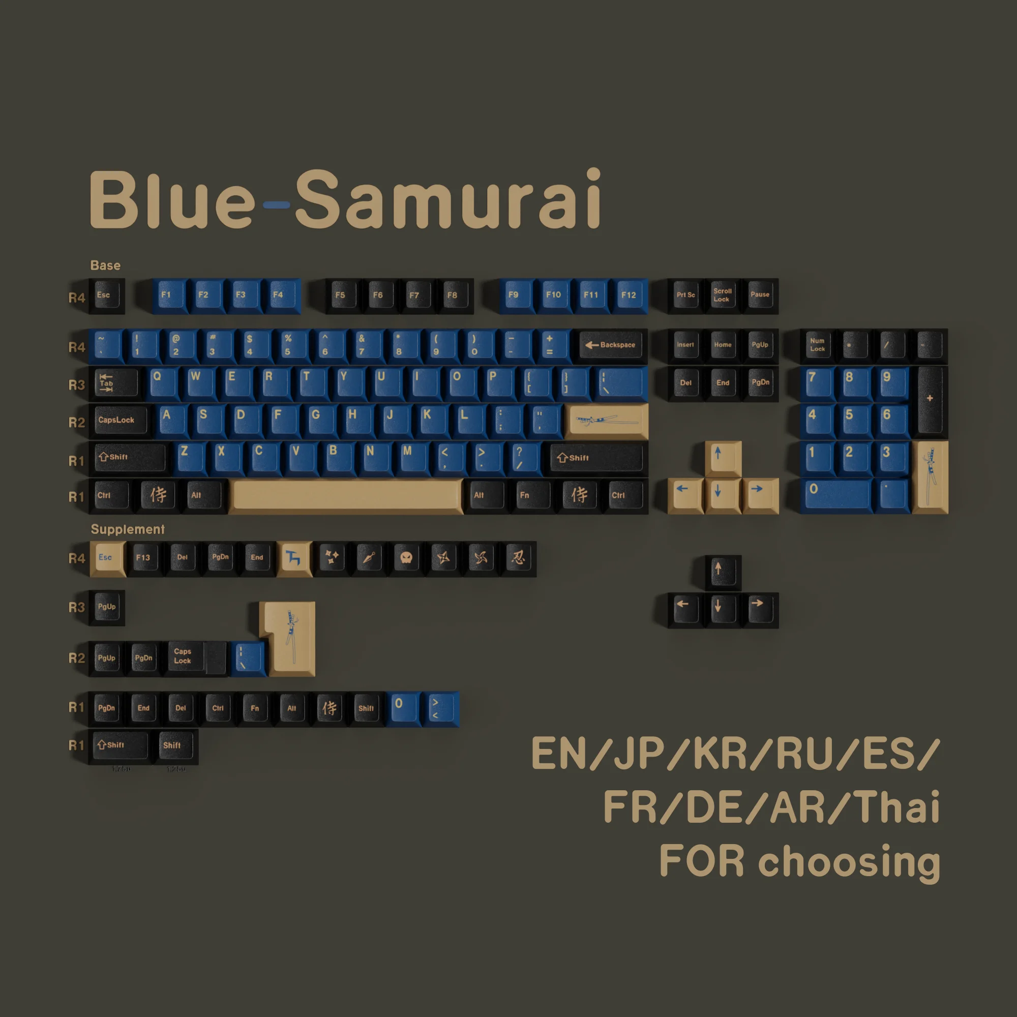 

PBT Keycaps FR/DE/ES/RU/KR/EN/AR/Thai/JP Blue Samurai Cherry Profile Dye Sub Keycap For Mechanical Keyboard ISO Layout rainy 75