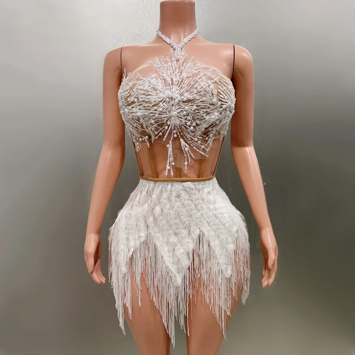 White Appliques Lace Luxury Tassels Sexy Strapless Sheath 2 Piece Set Evening Party Dress Bar Nightclub Singer Dancer Stage Wear